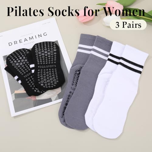 Striped Pilates Crew Socks with Grips for Women - 4 Pairs - Black White Gray