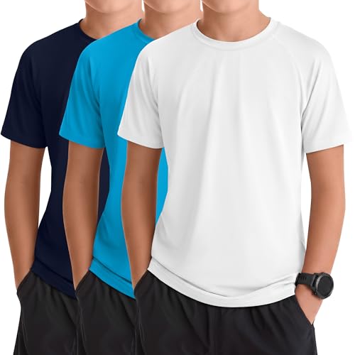 YooAurvox Boys' Rash Guard Swim Shirts 3 Pack - White, Blue, Navy Blue, Age 11-12