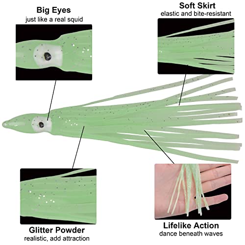 AGOOL 2.75inch Luminous Saltwater Squid Skirts 25pcs Soft Trolling Lures for Saltwater & Freshwater Fishing