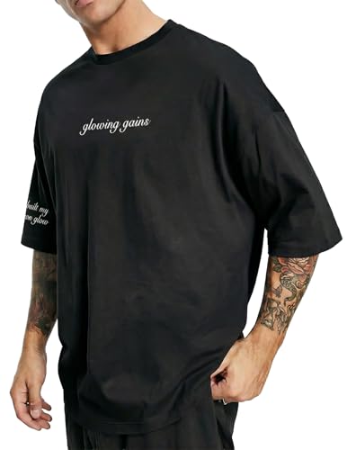 Men's Casual Oversized Workout T-Shirt - Short Sleeve, Large Black