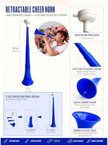 Loud Extendable Vuvuzela Horn - 24 Inch Blue Noise Maker - 4 Pack