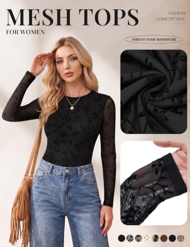 Womens Mesh Long Sleeve Tops - Fall Fashion Crew Neck Shirt - Large Black Floral