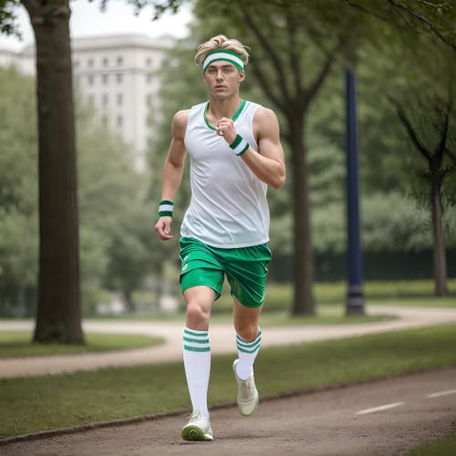 5-Piece Retro Striped Sweatband and Socks Set - Green+White
