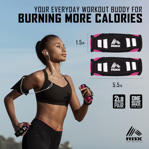 RBX 2lb Walking Hand Weights Pair - Black Pink Reflective Safety Straps, Comfortable Grip