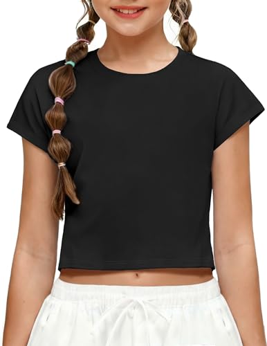 Girls Crop Top Batwing Short Sleeve Athletic T-Shirt - Black, 8-9 Years