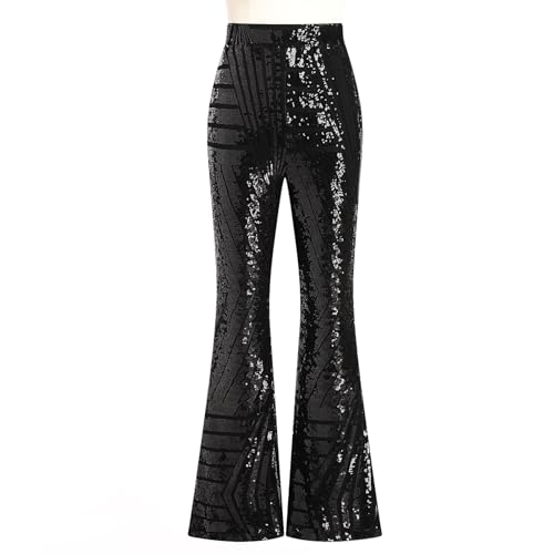 ODIZLI Women's Black High-Waisted Sparkle Sequin Flare Pants Large