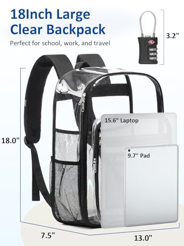 Flowston Black Large Clear Backpack with TSA Lock - 18” Extra Large Bookbag