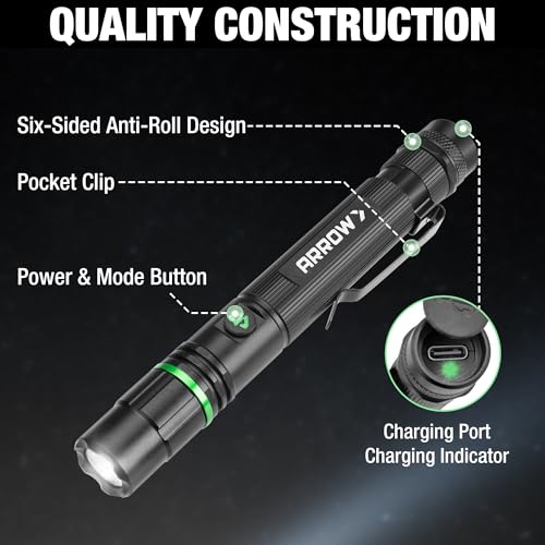 Arrow Rechargeable Compact LED Flashlight 200 Lumens, 3 Modes, USB-C Portable