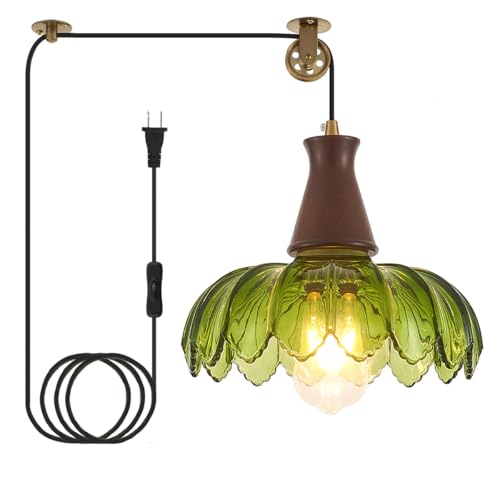 YLONG-ZS Vintage Plug in Pendant Light, Boho Hanging Lamp Plug in Pulley Green Glass Pendant Lamp, Modern Walnut Color Wood Hanging Light for Kitchen Island, Bedroom, Dining Room, Living Room