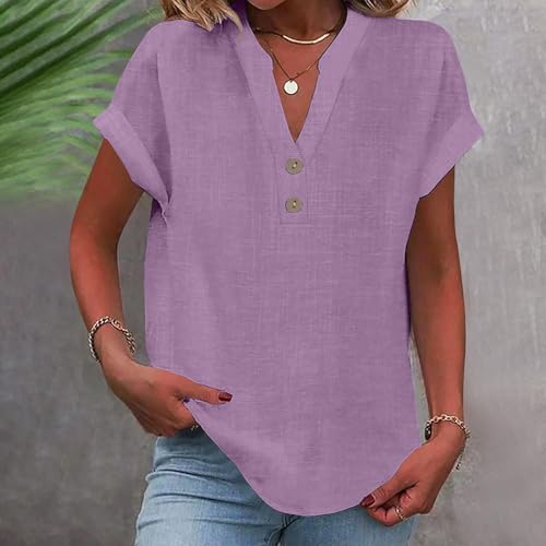 V Neck Linen Shirt for Women - Button Down Blouse, D-Purple, 3X-Large