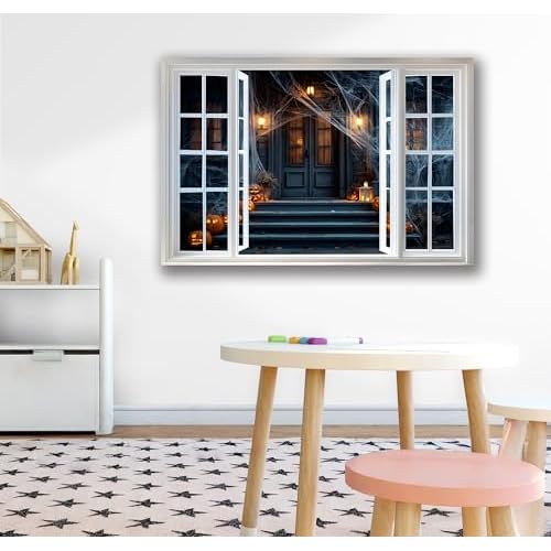 WOOHOOROO Peel and Stick Halloween Fake Window Sticker,Spooky House Scene Wall Decal with Pumpkins and Spider Webs,Removable Self-Adhesive Mural for Home Decor,16" x 24"