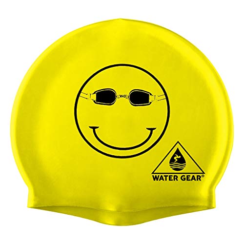 Latex Swim Cap for Long Hair - Waterproof Swimming Cap - Happy Face Black/Yellow