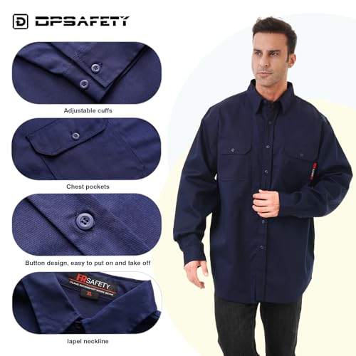 FR Shirt 7oz Fire Resistant Shirts Men's,CAT2 Welding Shirt 100% Cotton Flame Resistant Shirts Navy (X-Large)