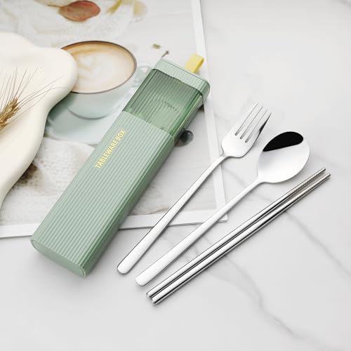 Travel Utensils Set - 4 Pcs Stainless Steel Fork, Spoon & Chopsticks - Green