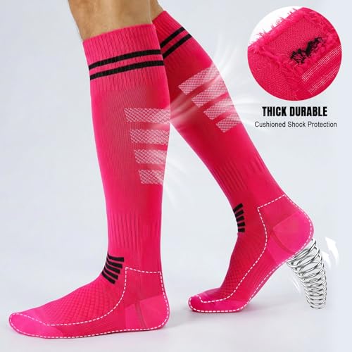 Kids and Adults Soccer Socks 3 Pack Over Calf Athletic Football Sport Socks - Hot Pink Medium