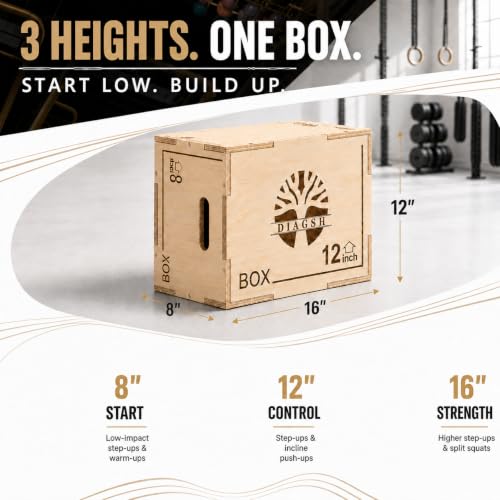 Diagsh 3-in-1 Wooden Plyometric Jump Box - 16x12x8 Inches Home Gym Equipment