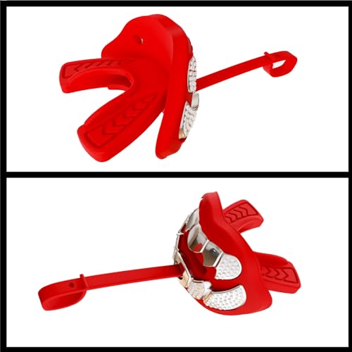LeCool Football Mouth Guard with Connected Strap - 3D Chrome Beast Design, Red-Silver / With Diamonds