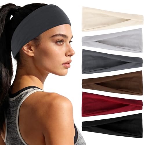 6 Pcs Sports Headbands Set for Women & Men - Beige, Gray, Burgundy, Brown, Black