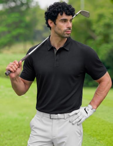 TACVASEN Men's Short Sleeve Polo Shirt - Dry Fit Golf Casual Collared Top, Medium Black