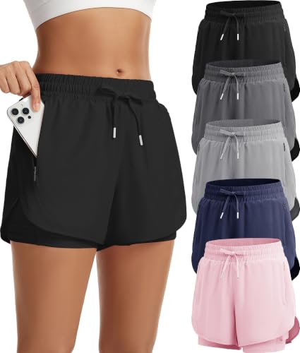 MLYENX 2-in-1 Running Shorts for Women, Athletic Gym Shorts – Large (Black, Navy, Dark Grey, Pink, Light Grey)