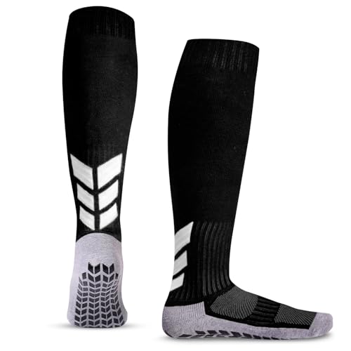 MENDENG Knee High Non-Slip Soccer Socks for Men & Women - 6-12 / 1 Pair, Black Sports Grip Socks