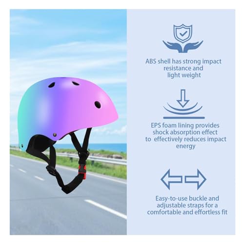 TCCVANAS Color Gradient Kids Bike Helmet with Knee & Elbow Pads Set, Pink/Purple/Blue, Medium (Ages 8-14)