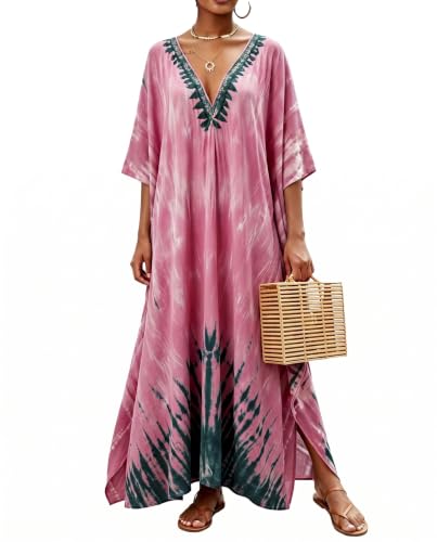 Antfuny Women Moomoo Dress Beach Cover Up Pink Tie Dye Kaftan Nightgown Plus Size