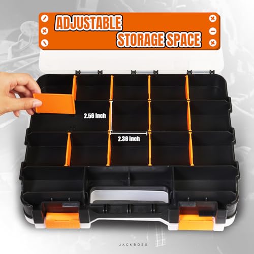 Tool Box with Transparent Lid, Double Side 34-Compartments Organizer Box with Removable Dividers for Hardware, Screws, Bolts, Nails, Beads, Jewelry and Fishing Accessories, Orange, 2 Packs