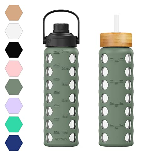 MUKOKO 24oz Glass Water Bottle with Olive Silicone Sleeve & Dual Lids