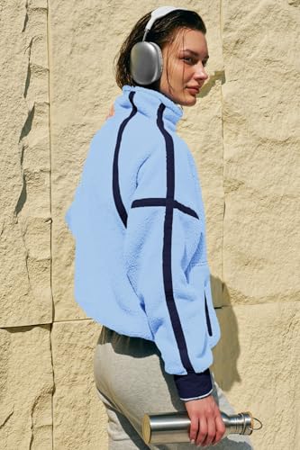 Panadila Women's Half Zip Sherpa Fleece Pullover Jacket - Peri Blue, Medium