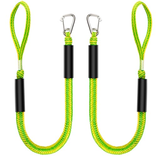 Bungee Dock Lines with Clip End (1 Loop 1 Clip) Green/Yellow – Quick No-K knot Dock Rope for Jet Ski PWC Pontoon