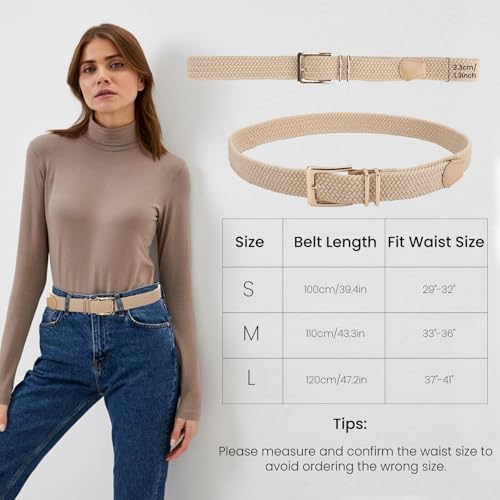 Casual Braided Woven Stretch Belt - A-Beige, Fit Waist 33-36 Inches