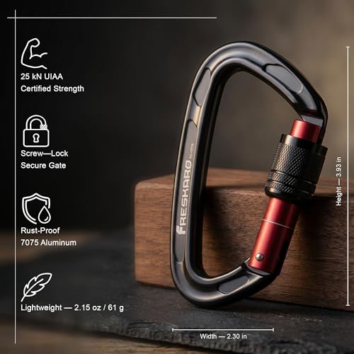 FresKaro Black 2pcs 4in Carabiners 25kN Screw Lock Climbing Gear, Lightweight