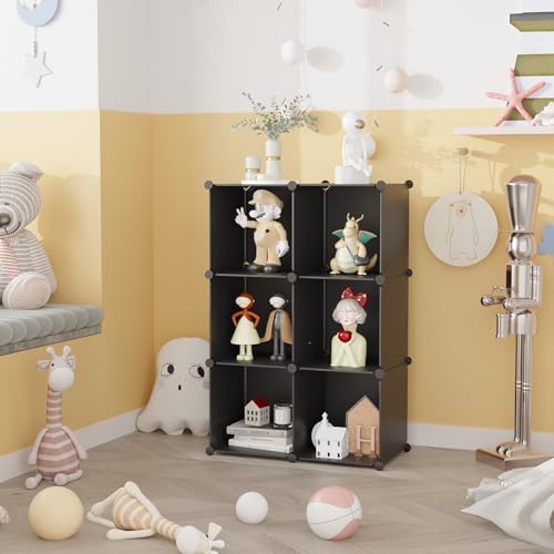 C&AHOME 6-Cube Storage Organizer, Stackable Storage Cubes Shelves, Portable Bookshelf, Plastic Clothing Storage Closet Organizer, DIY Modular Shelving Units for Wardrobe, Home, Black