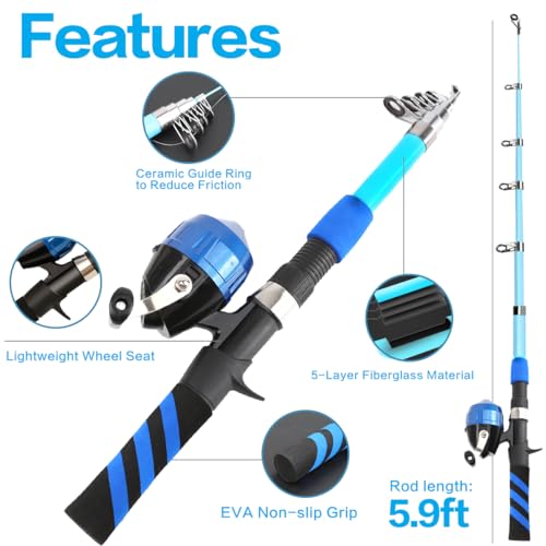 Yoilreyl 5.9ft Telescopic Fishing Rod & Reel Combo - Push Button Start, Blue