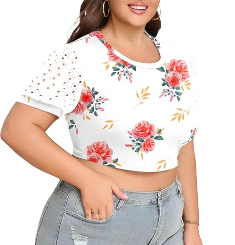 Plus Size Lace Crop Top - Women's Summer Short Sleeve Athletic Tee - Roses White