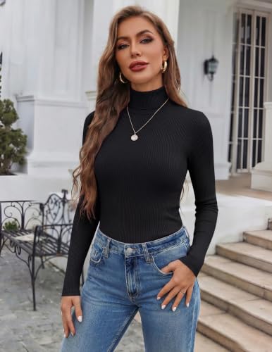 Womens Turtleneck Ribbed Long Sleeve Shirt - Medium Black