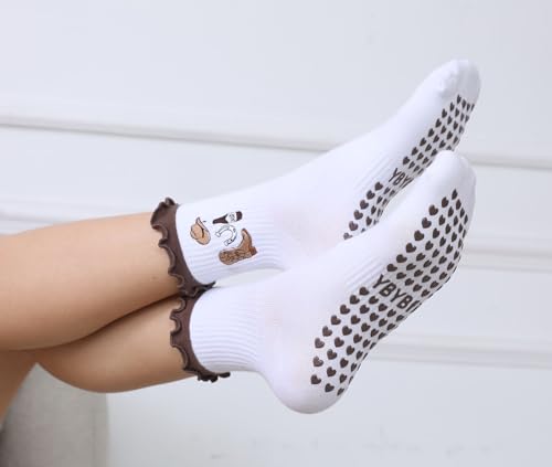 Non-Slip Yoga Ballet Socks with Ruffle Cuff - Brown, One Size
