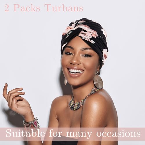 Printed Turbans for Women - Soft Pre-Tied Knot Head Wraps - Black & Pink