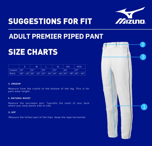 Men's Baseball Piped Pants - Mizuno Adult Premium Game Uniform White/Navy Medium