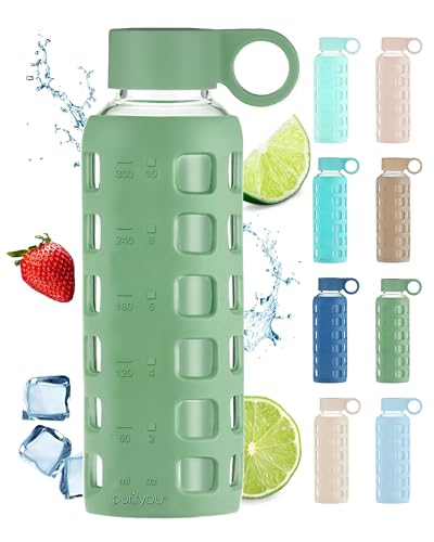 Purifyou 12oz Shale Green Borosilicate Glass Water Bottle with Time & Volume Markers, Silicone Sleeve, Stainless Steel Lid