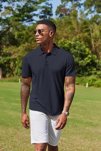 COOFANDY Men's Cotton Polo Shirt - Short Sleeve Golf Casual Work, Large Midnight Blue