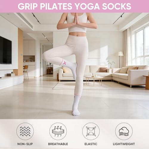 Pilates Grip Socks for Women - 4 Pairs with Bow & Hearts - Black, Off-White, Brown, Coffee
