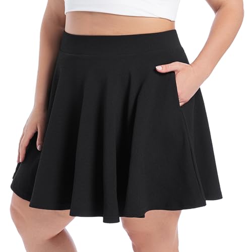 SEKINO Women's Plus Size Black Stretch Flared Pleated Skirt with Pockets 3X