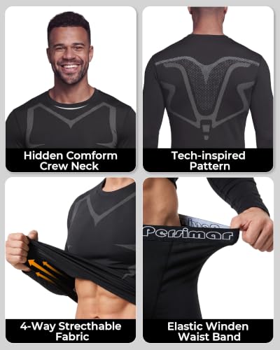 Persimar Men's Thermal Long Johns Set Fleece Lined Winter Base Layer Large Grey Pattern