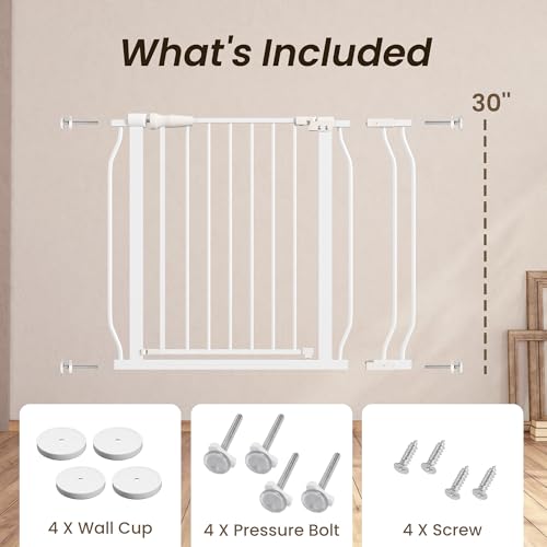 ELEVON Baby Gate for Stairs Doorways, Safety Pet Gate with Auto-Close/Hold-Open Features, Fits Openings 29.1¡± to 38.5¡±, 30¡± Tall, Easy Pressure Mounted Walk Through Baby Dog Gate, White