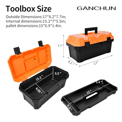17-inch Tool Box with Removable Tray,Multipurpose Plastic Storage Box/Portable Tool Boxes/Art Craft Organizer, Three Small Parts Storage On The Lid