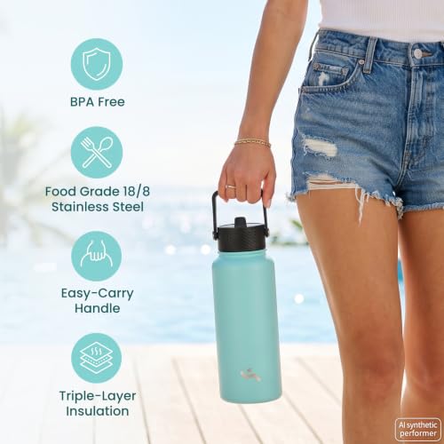 Konokyo 32 oz Macaron Green Insulated Stainless Steel Water Bottle with Straw Lid