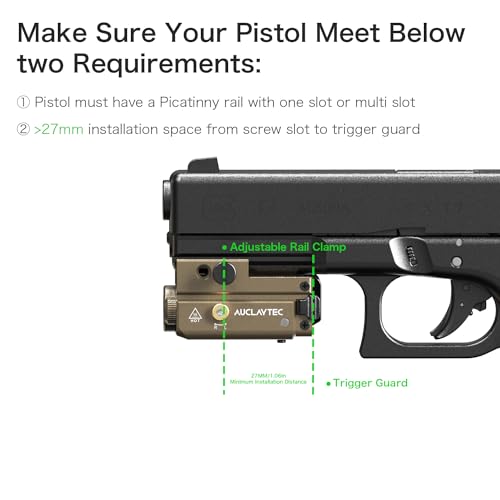 Pistol Flashlight Green Laser Combo 420 Lumens Pistol Light Recharge Tatical Flashlight Fits for Picatinny MIL-STD-1913 Rail, Fits for Glock (with Built-in Battery)