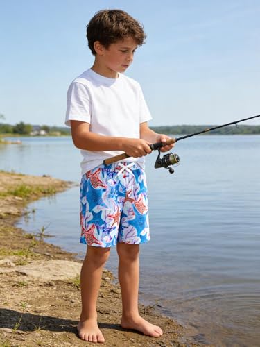 Boys Swim Trunks with Compression Liner - Quick Dry, Elastic Waist, Blue and White, 7-8 Years